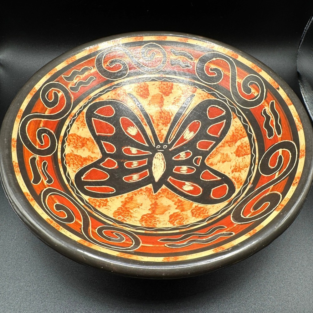 Hand Painted Tripod Bowl Butterfly Folk Art Terracotta Mexican Pottery Boho Vtg.